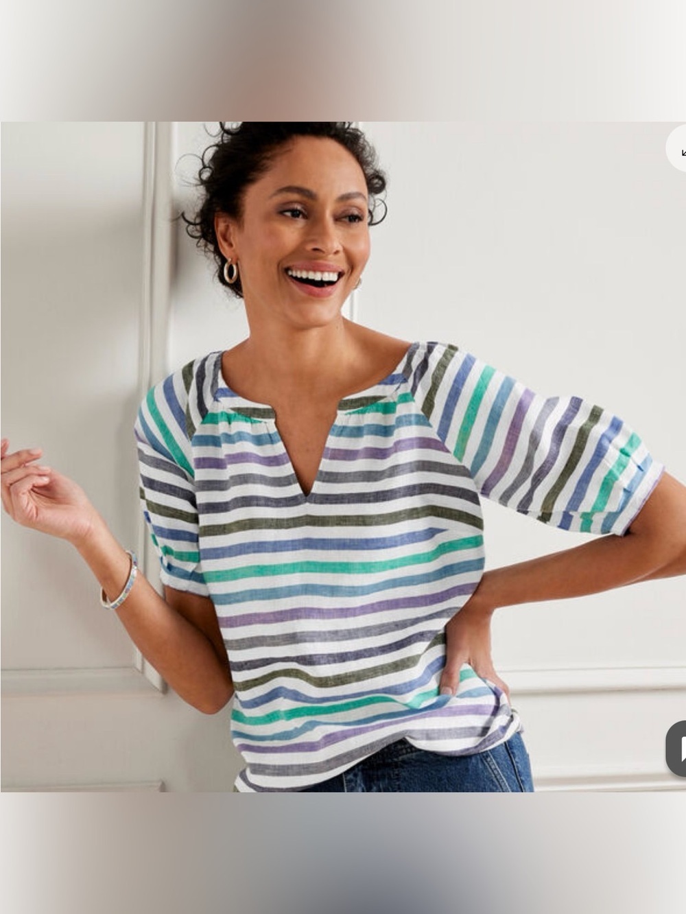 Talbots Linen Popover Rockport Striped Short-Sleeve V-Neck size M